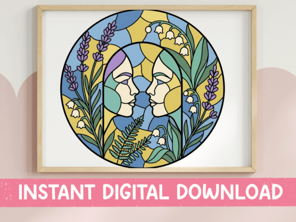 Gemini Stained Glass Twin Faces for T-Shirt Designs and Graphics